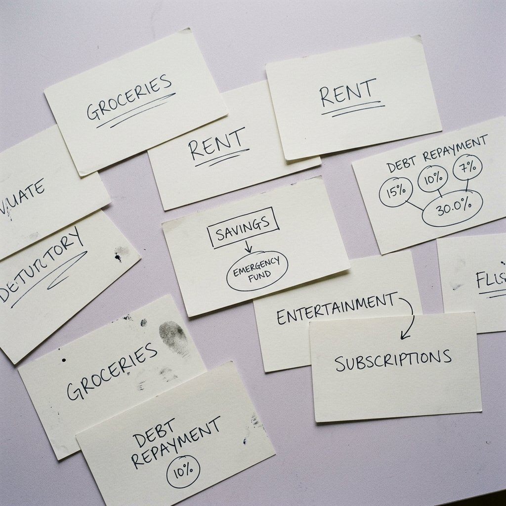Index cards with handwritten budget categories spread out on a light surface