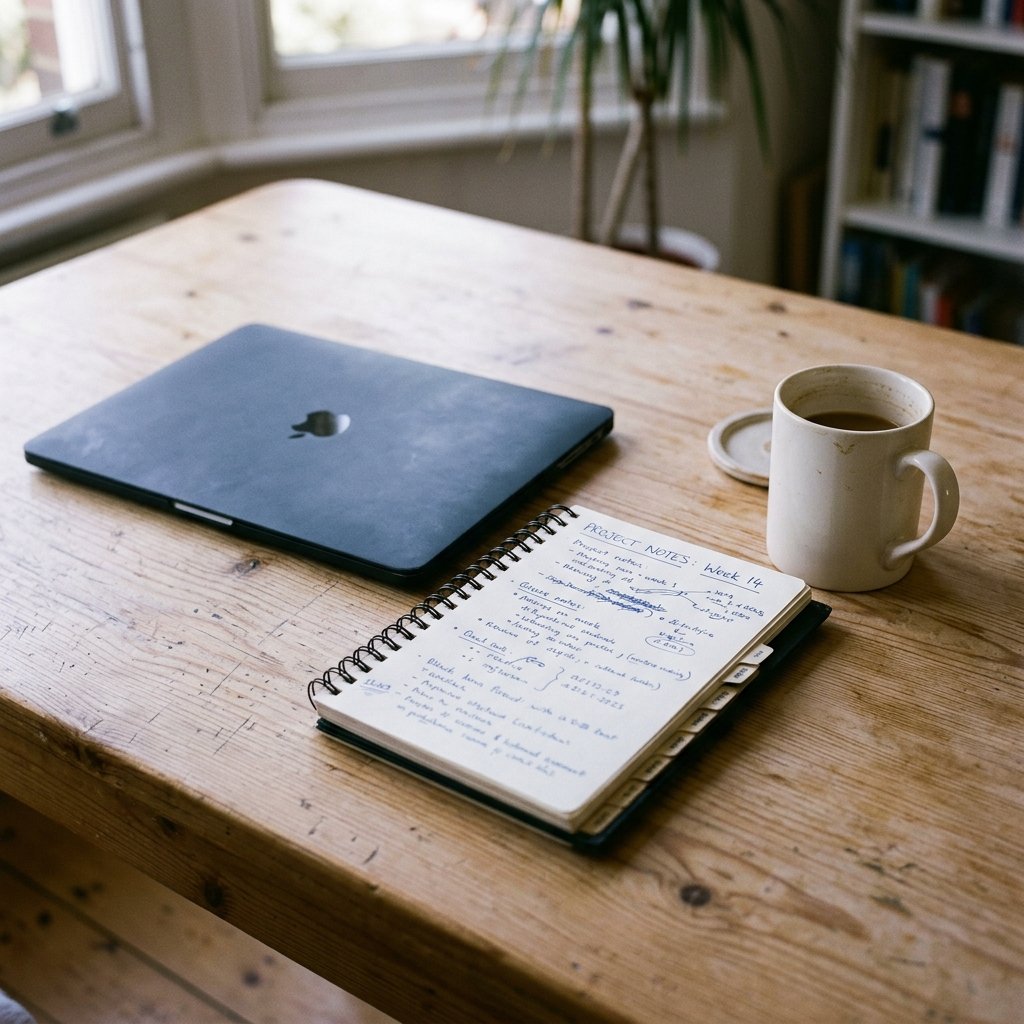 A tidy desk with notebooks, a mug, and a laptop showing a budget dashboard