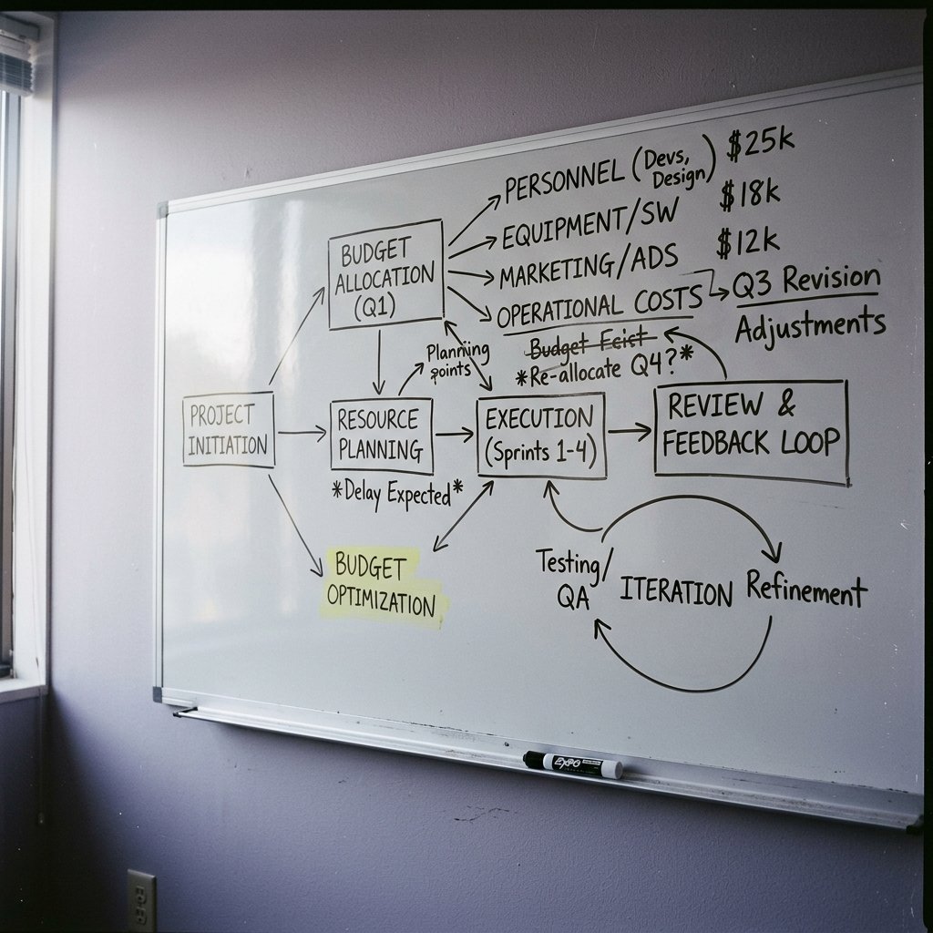 Close-up of a whiteboard covered in budget diagrams and system arrows, afternoon light