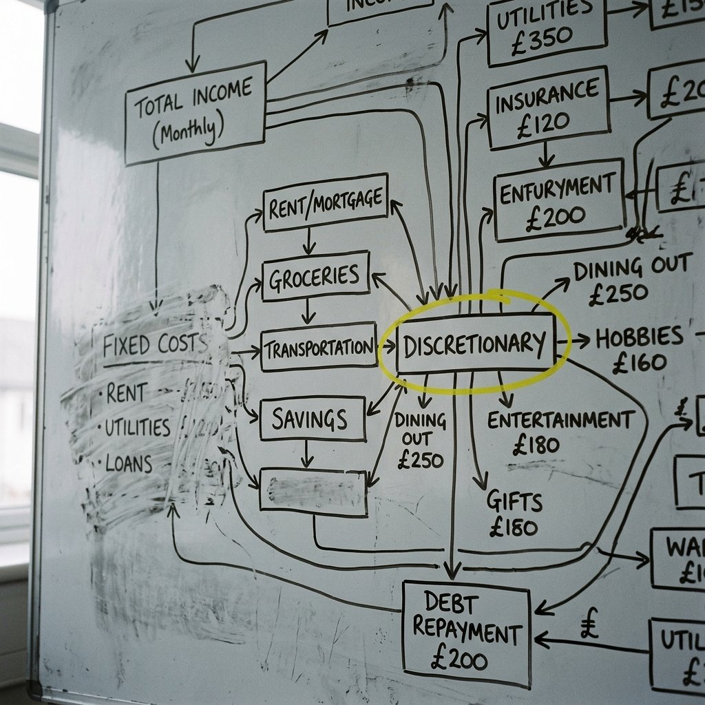 Whiteboard with hand-drawn systems diagram, budget flow arrows, and handwritten labels